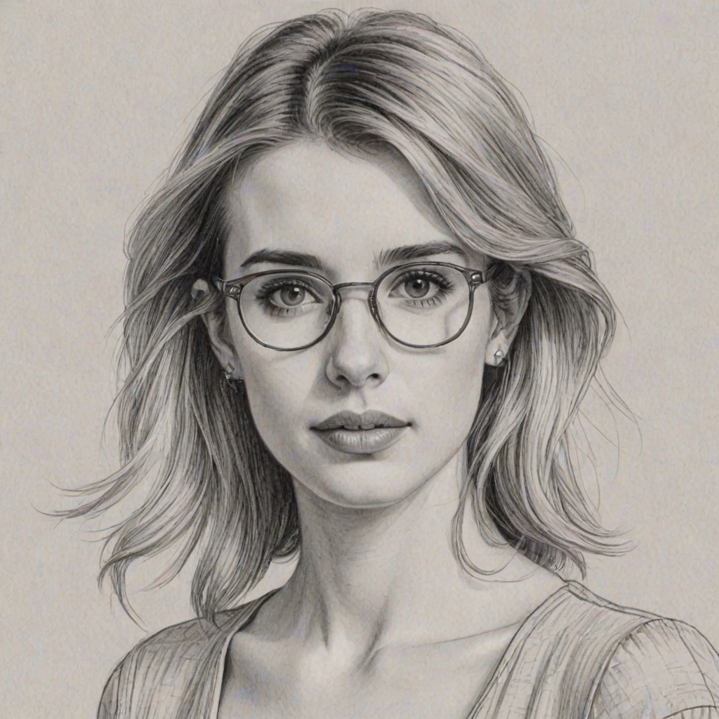 Appealing Emma Roberts, pencil sketch, portrait of Captivating woman 1977s in glasses, hair style beatnik, outline, clear lines, fine lines, 8k