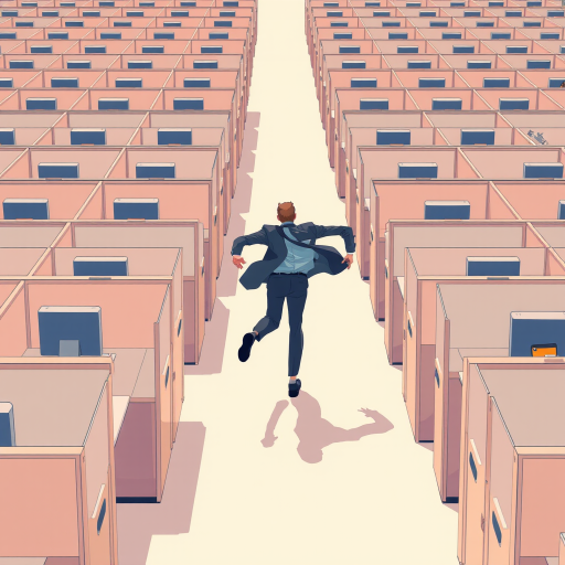 Create an illustration of a person in business attire running away from a massive cluster of identical cubicles, each occupied by a seated individual at a computer, use a vibrant color palette, focus on a minimalist style, set the camera to 50mm focal length, aperture f/8, and a high dynamic range to enhance image clarity.