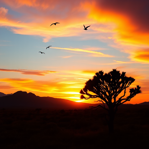 Create a vibrant sunset landscape with a silhouette of an acacia tree, mountains in the background, and birds flying across a colorful sky, shot with a DSLR camera, 50mm lens, f/1.8 aperture, ISO 100, capturing a warm color palette and high dynamic range.