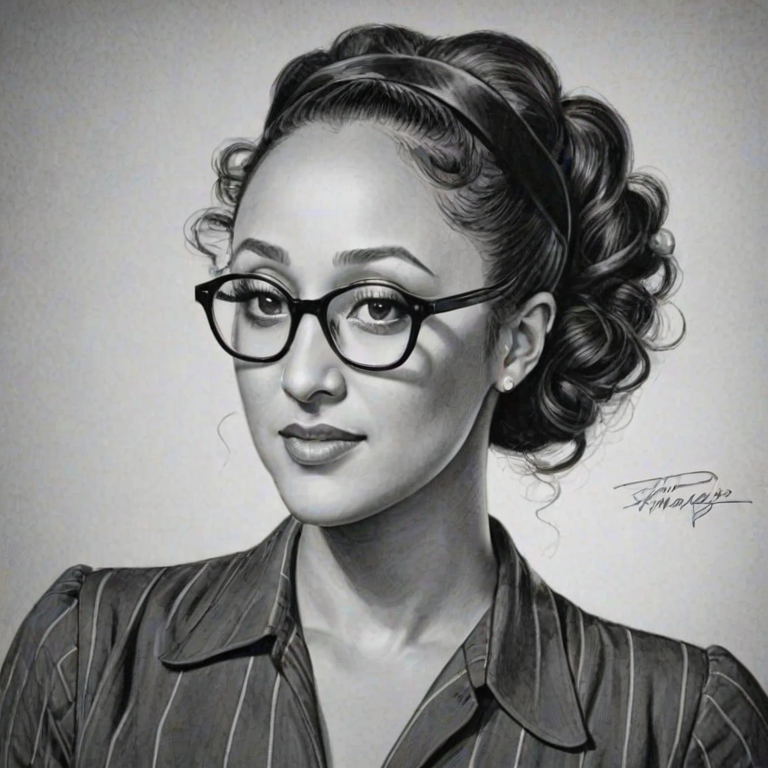 Attractive Tamera Mowry, pencil sketch, portrait of Appealing woman 1940s in glasses, hair style beatnik, outline, clear lines, fine lines, 8k