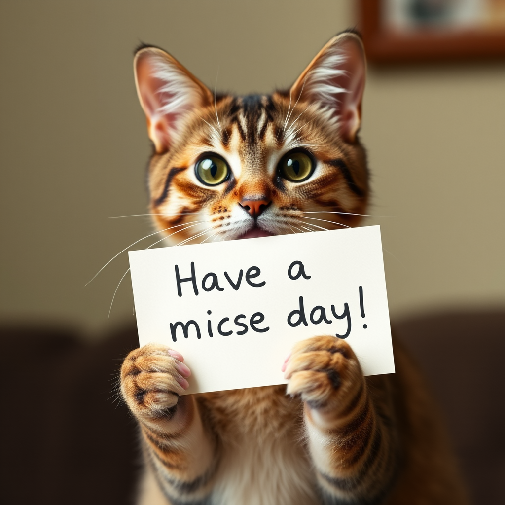cat holding a note which says "Have a mice day!"