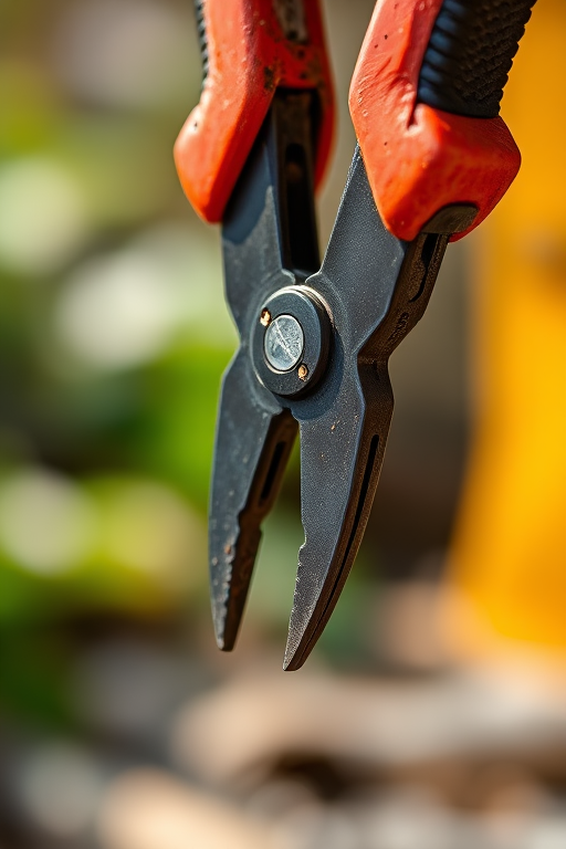 Create a high-quality image of a pair of pliers, using a macro lens with an aperture of f/2.8, 50mm focal length, ISO 100, shot from a slightly elevated angle in natural light to emphasize the details and textures of the tool.