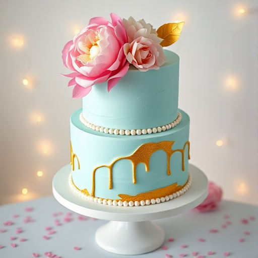 A two-tiered birthday cake with smooth pastel blue buttercream frosting. The top is adorned with gold leaf accents and a large, edible flower arrangement in pink and white peonies. The bottom tier has a gold drip effect, and around the base of the cake are small, dainty pearls. The cake is placed on a white porcelain cake stand, surrounded by confetti and soft string lights for a festive vibe.