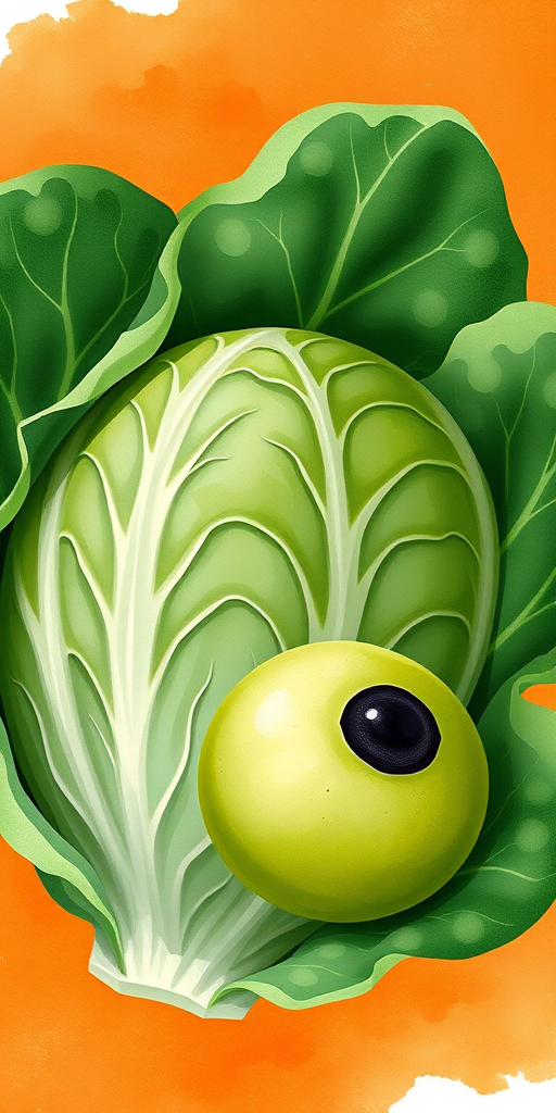 create a high-resolution digital illustration of a green cabbage and a round black-eyed bean on an orange watercolor background using a DSLR camera with a 50mm lens at f/2.8 aperture, ISO 100, and a shallow depth of field for enhanced detail and vibrant colors.