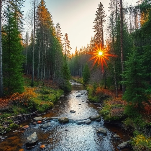 Generate an image of a tranquil forest landscape with a clear stream flowing through it during golden hour, focus on vibrant colors and sharp details, camera settings: ISO 100, f/8, shutter speed 1/200s, camera view: wide-angle, camera style: landscape photography, camera type: DSLR.