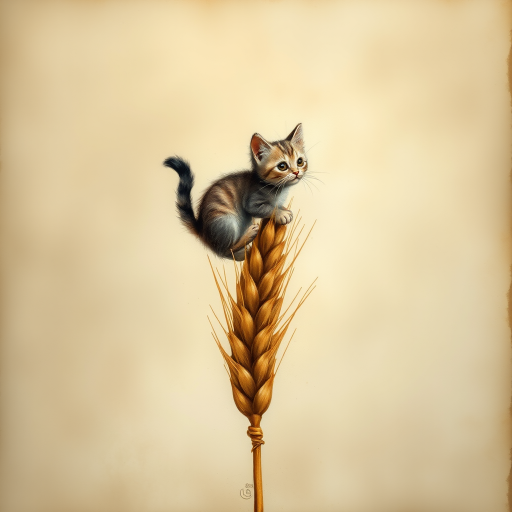 Soft, muted Alcohol Ink with ebru effect background image of tiny whimsical cat, who climbed high on the top of a golden rye ear.