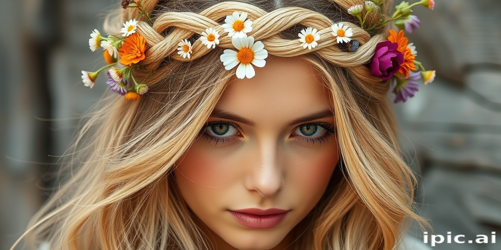 Romantic braided crown in honey blonde, adorned with fresh wildflowers and loose tendrils framing the face, creating a dreamy bohemian-inspired look