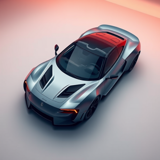 Generate a hyper-realistic 3D render of a sleek modern sports car in a minimalistic studio setting, using a Canon EOS R5 with a 50mm lens at f/1.8, ISO 100, and a shutter speed of 1/200s, top-down perspective with soft diffuse lighting to enhance shadows and highlights.