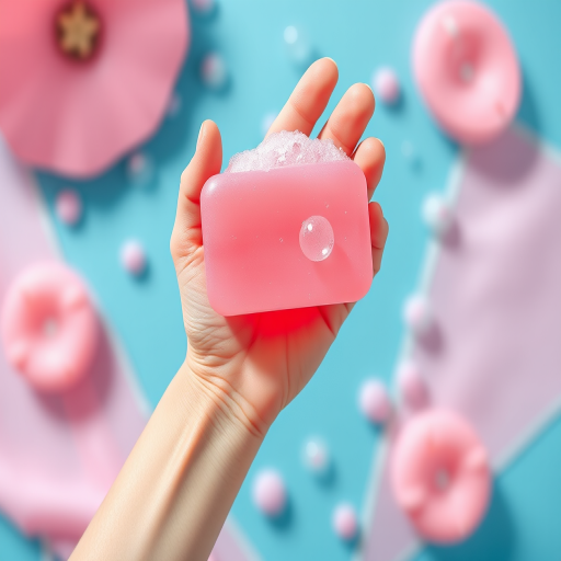 Create an illustration of a hand holding a pink soap bar with bubbles, using a bright blue background, shot with a Canon EOS R5 at f/2.8, 1/125s, ISO 100, top-down view, vector style.
