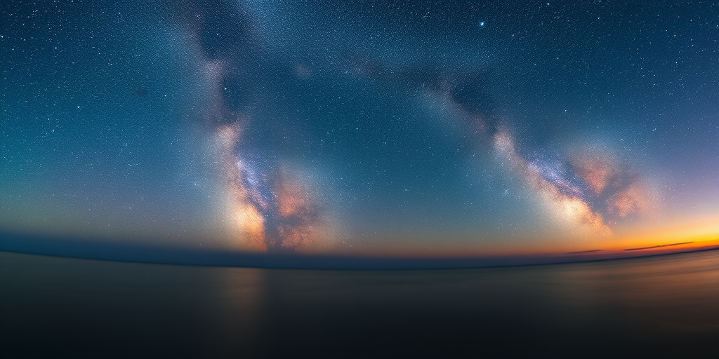 Capture a high-resolution panoramic image of the Milky Way galaxy over a calm sea at dusk, using a Canon EOS R5 camera with an EF 16-35mm f/2.8L III lens, set to ISO 3200, aperture f/2.8, shutter speed 30 seconds, and a wide-angle view for enhanced detail and vibrancy.