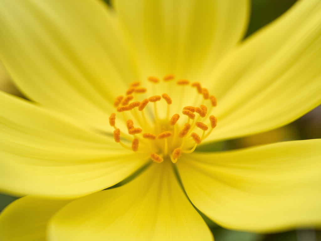 close-up of a pale yellow flower with a dense cluster of golden stamens in the center, soft bokeh background, taken with a DSLR camera, 50mm lens, aperture f/2.8, ISO 100, natural light.