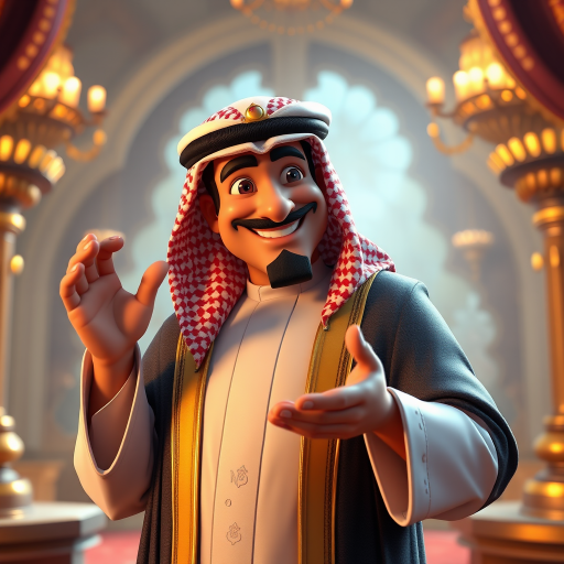 Create a 3D rendering of a wealthy Arab male sheikh from Dubai, inspired by the Disney animation style. The sheikh must have a smile and a playful but wise character. Place your character in an atmosphere of wealth and luxury. The image must be in high resolution format. Dynamic pose above the waist, gesturing with hands (Pixar Art style)++ highly detailed digital painting, art stations, concept art, soft focus, hard focus, illustrations. cinematic, visual effects, HDR, Unreal Engine 5, ray tracing, soft light, 8k, high detail, sparkling backlighting, luxury gem, game art, 3d, cartoon, colorful, magical, mysterious