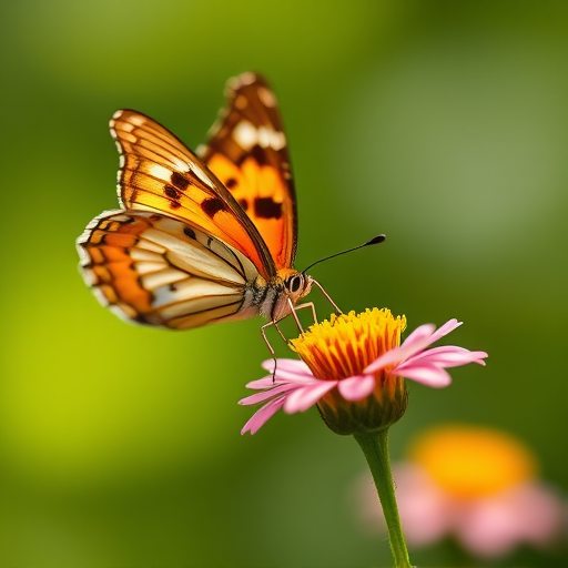 close-up shot of a butterfly perched on a flower with a blurred green background, aperture f/2.8, shutter speed 1/500s, ISO 200, macro lens, soft focus, natural light