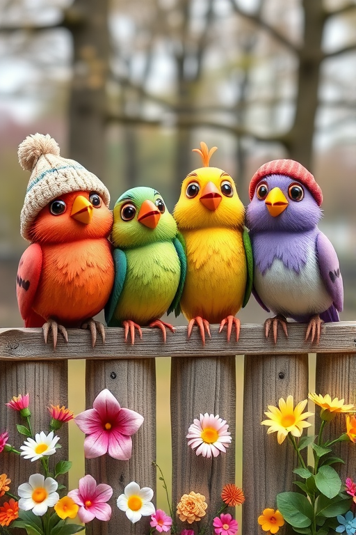 create a scene of 4 quirky  whimsical colourful comical birds each with a funny expression. they are sat on a wooden fence with colourful flowers. they are all different sizes. each one is a different colour  one is wearing a woolly hat. Each one has a different quirky google expression and there is a muted background of trees watercolour paintierly style high definition 8k resolution 3D paper mache