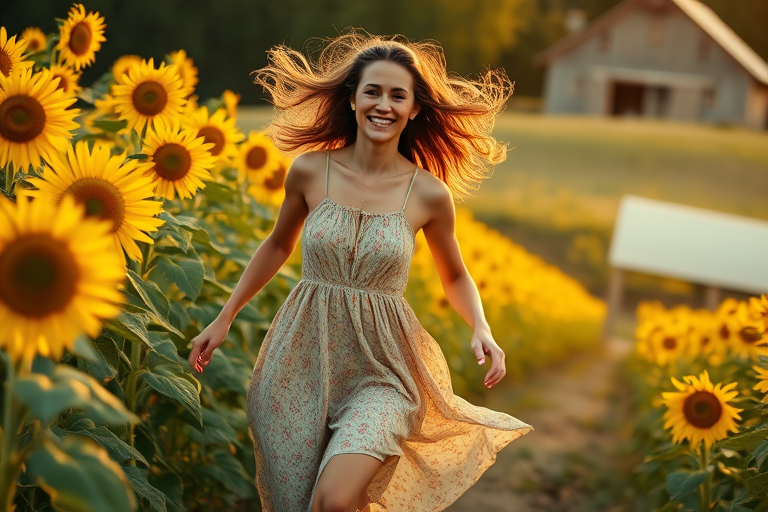 Candid photo, late afternoon, woman in a flowing summer dress running through a sunflower field, hair blowing in the wind, golden sunlight filtering through the tall sunflowers, soft focus on the flowers in the foreground, a rustic wooden barn visible in the distance, playful smile on her face.