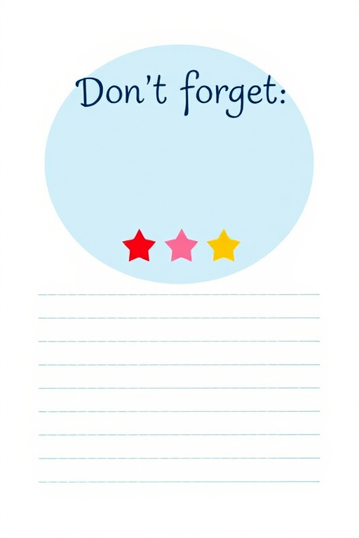 Create a minimalist notepad design with a light blue circular outline and the text "Don't forget" in a playful font at the top, include five colorful stars (red, pink, yellow) aligned vertically below, with blank lines for notes, shot with a wide-angle lens on a DSLR camera at f/2.8, ISO 100, 1/125s, soft natural lighting for a clean and vibrant look.