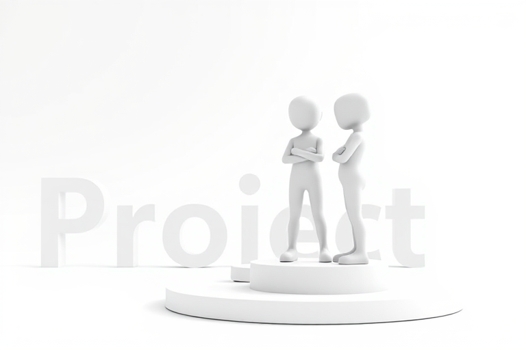 3D illustration of two abstract figures standing on a platform with the word "Project" in the background, focused on collaboration, bright white background, depth of field effect, shot with a DSLR camera at f/2.8, ISO 100, 50mm lens, soft lighting.