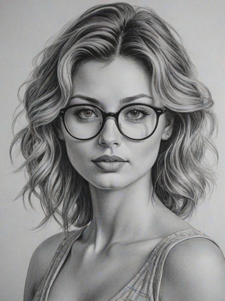 Enticing Aly Michalka, pencil sketch, portrait of Stunning woman 1954s in glasses, hair style beatnik, outline, clear lines, fine lines, 8k