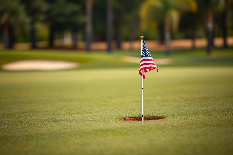 A golf course putting green with a small American flag on the hole, shallow depth of field, f/2.8 aperture, 50mm lens, ISO 100, taken in natural light with a DSLR camera.