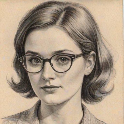 Comely Charlotte Ritchie, pencil sketch, portrait of Fetching woman 1953s in glasses, hair style beatnik, outline, clear lines, fine lines, 8k