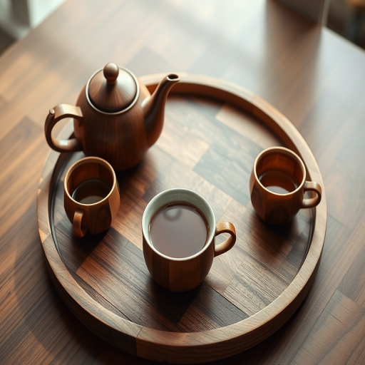 Capture a beautifully arranged wooden tea set with a teapot and matching cups on a round wooden tray, using a DSLR camera at f/2.8 aperture, ISO 100, 1/60 sec shutter speed, in soft natural lighting, with a slight overhead view to emphasize the textures and colors.