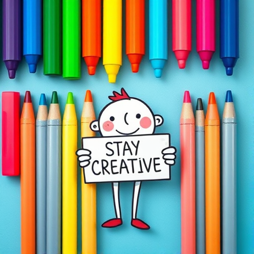 Create a vibrant illustration featuring colorful markers arranged in a row with a whimsical character holding a sign that says "STAY CREATIVE," shot with a Canon EOS R5 at f/8, ISO 100, 1/125s, using a top-down view in a bright, minimalist style.