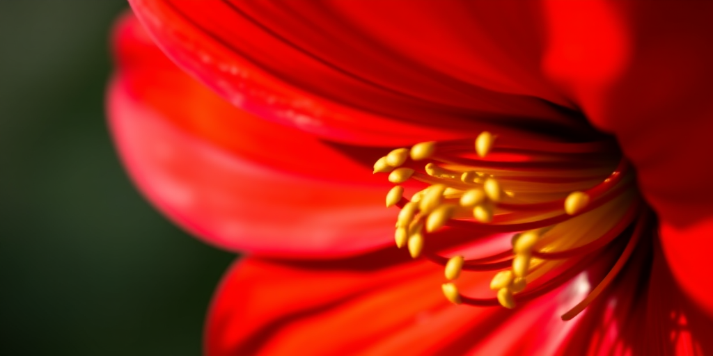 macro close-up of a vibrant red flower with intricate petal details, f-stop 3.5, ISO 100, 85mm lens, natural light, DSLR camera