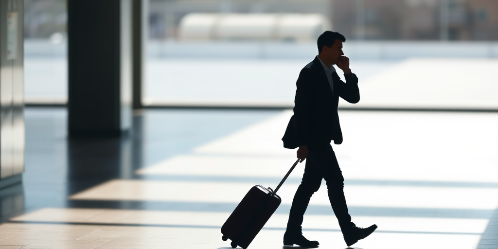 Create a silhouette of a person walking while talking on a phone and pulling a suitcase, captured with a Canon EOS R5, 50mm lens, f/2.8, ISO 100, natural lighting, shot in landscape orientation with a shallow depth of field for enhanced focus on the subject.