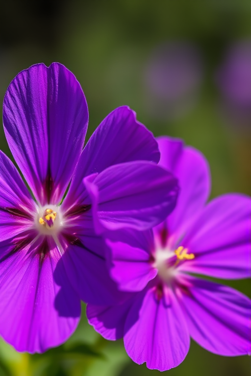 two vibrant purple flowers with detailed textures, macro photography, f/2.8 aperture, ISO 100, 50mm lens, natural lighting, soft focus background, high resolution