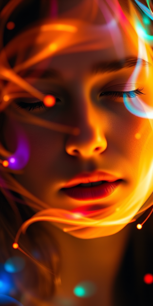 Portrait of a serene face with vibrant, swirling light and color effects around it, taken using a Canon EOS R5, 50mm lens, f/1.8 aperture, ISO 100, 1/125 sec shutter speed, low light setting, with a soft focus to enhance the mystical ambiance.