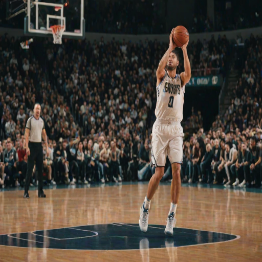 Blurry action shot of a basketball player shooting a three-pointer, intense focus on their face, the ball mid-air, the crowd in the background on their feet, stadium lights casting long shadows on the court, the sound of sneakers squeaking and the ball bouncing filling the air.