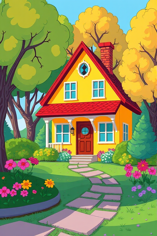 Create a vibrant cartoon-style illustration of a colorful house surrounded by trees and flowers, shot with a DSLR camera at f/8, ISO 100, 50mm lens, in bright daylight, with a wide-angle view to enhance depth and detail.