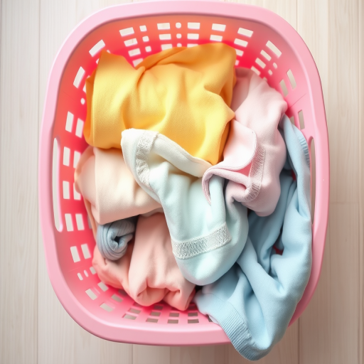 Create a vector illustration of a pink laundry basket filled with folded clothes in pastel colors, using a top-down view with soft lighting and a high-resolution camera at f/8 aperture, ISO 200, 50mm lens.