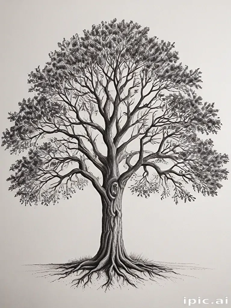Intricate Black and White Illustration of a Majestic Tree with Detailed ...