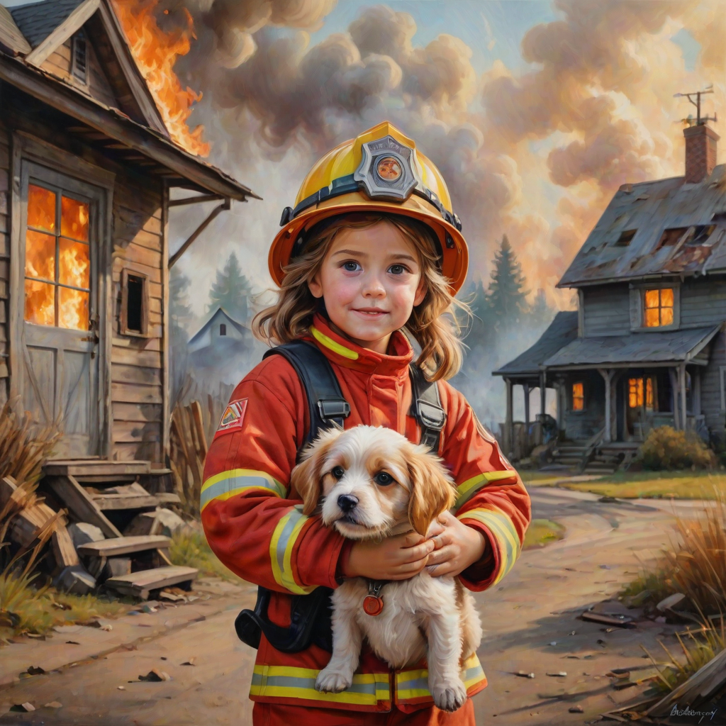 airbrushed oil painting, pixar style, cute little girl in fireman gear, helmet, tousled hair, expressive eyes, standing in the doorstep of a cottage burning behind him, holding a cute little dog in her arm, atumn sky