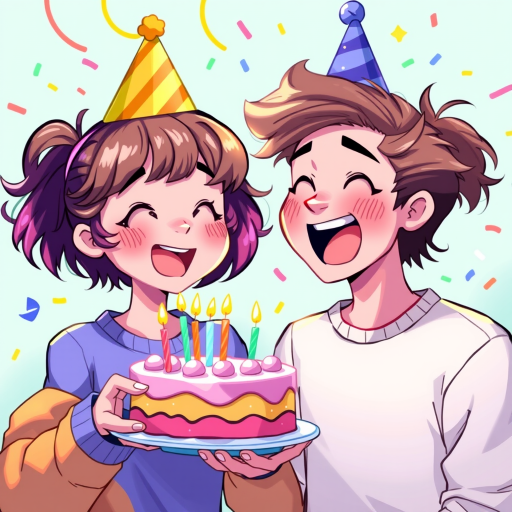 Create a vibrant illustration of two people celebrating a birthday, one holding a cake with candles while the other looks excited, with colorful party hats, confetti, and stars in the background; use a soft focus, vibrant colors, and a digital drawing style, with a high-resolution setting of 4000x3000 pixels for clarity.
