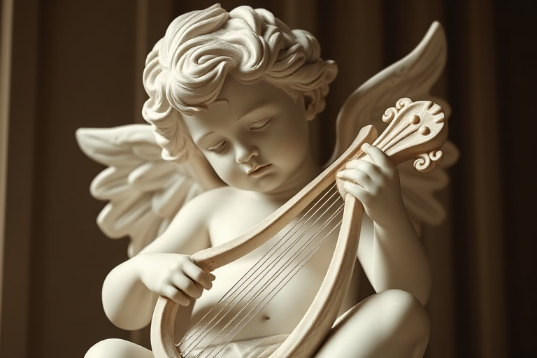 Regenerate the image of a cherubic statue playing a lyre with intricate details, soft lighting, 50mm lens, aperture f/2.8, ISO 100, tripod mounted, side view for depth enhancement.