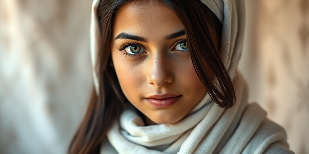 Create a portrait of a young Chaldean female with long, dark hair and captivating hazel eyes. She is wearing a white headscarf and a matching scarf draped gracefully around her neck. The background is softly blurred, focusing attention on her serene and natural expression. The overall color palette is muted and warm, enhancing the intimate and authentic feel of the portrait.