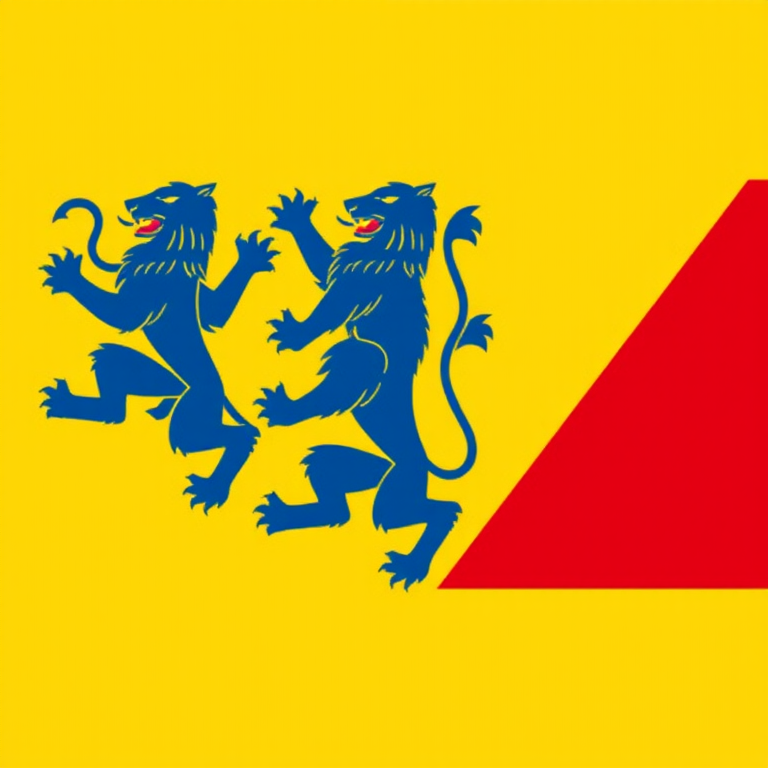 Flag design featuring three blue lions on a yellow field, with red diagonal stripes on the right side, captured with a DSLR camera at f/8, ISO 100, 50mm lens, using a top-down view and vibrant color enhancement.