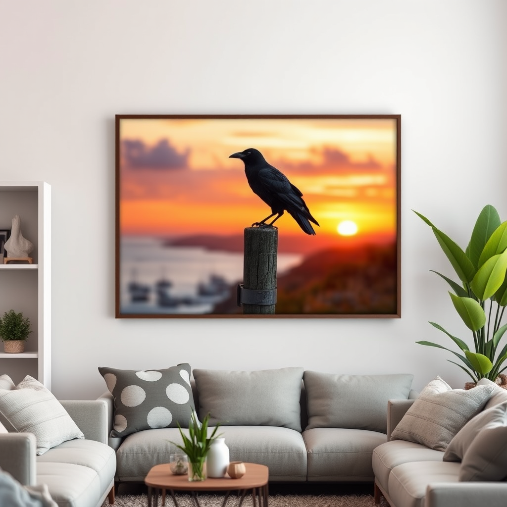 sunset over a coastal landscape with a crow perched on a fence post, warm colors, soft focus, f/4 aperture, 1/125 sec shutter speed, ISO 100, DSLR camera, wide-angle lens, natural light, framed on a wall in a cozy living room with modern decor and plants