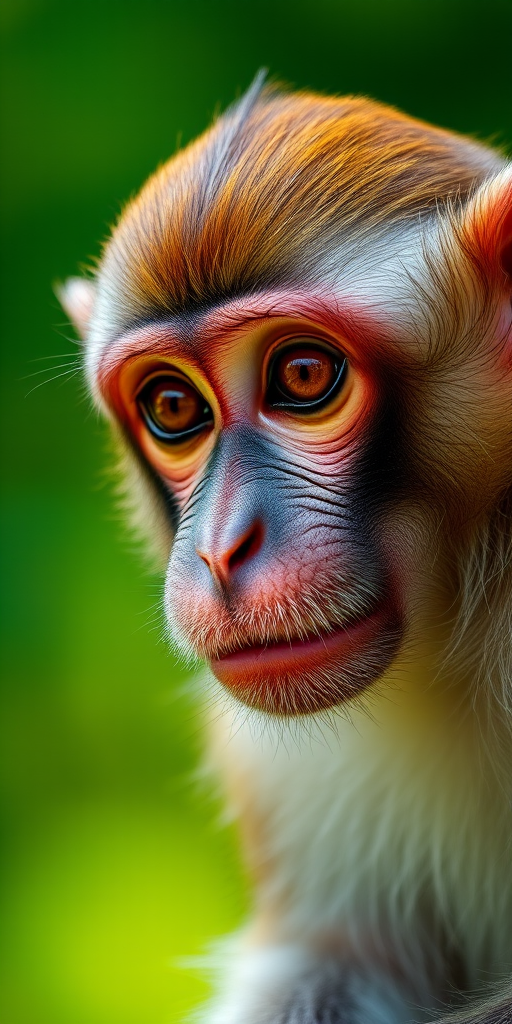 Capture a close-up portrait of a monkey with detailed facial features and a soft blurred green background, using a 50mm lens, aperture f/1.8, ISO 200, shutter speed 1/200s, in natural light, taken with a DSLR camera.