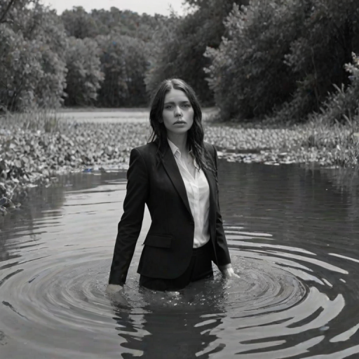 a woman in a black suit standing in shallow water with her hair down, surrounded by greenery, in a monochrome style
