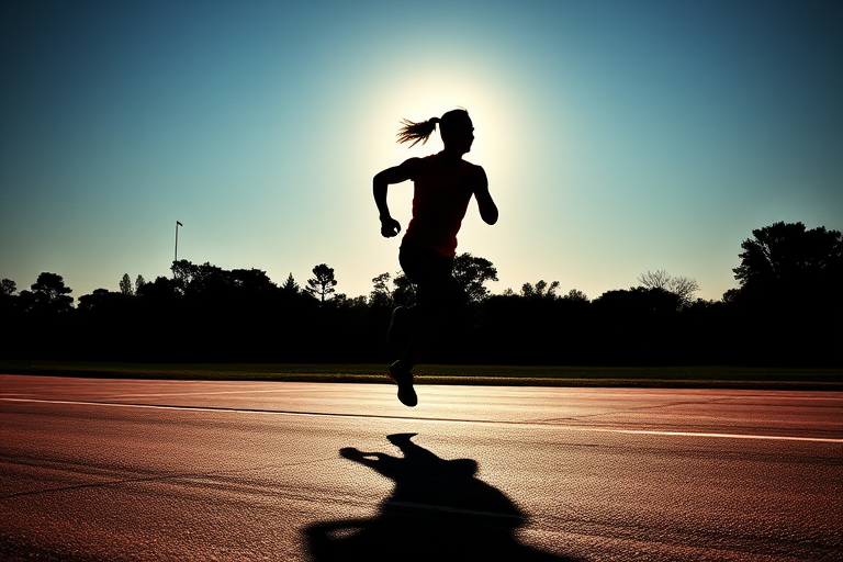 Create an image of a dynamic silhouette of a runner in mid-stride captured from a low angle perspective using a DSLR camera, 50mm lens, f/2.8 aperture, ISO 100, with a fast shutter speed to freeze motion and enhanced contrast for clarity.