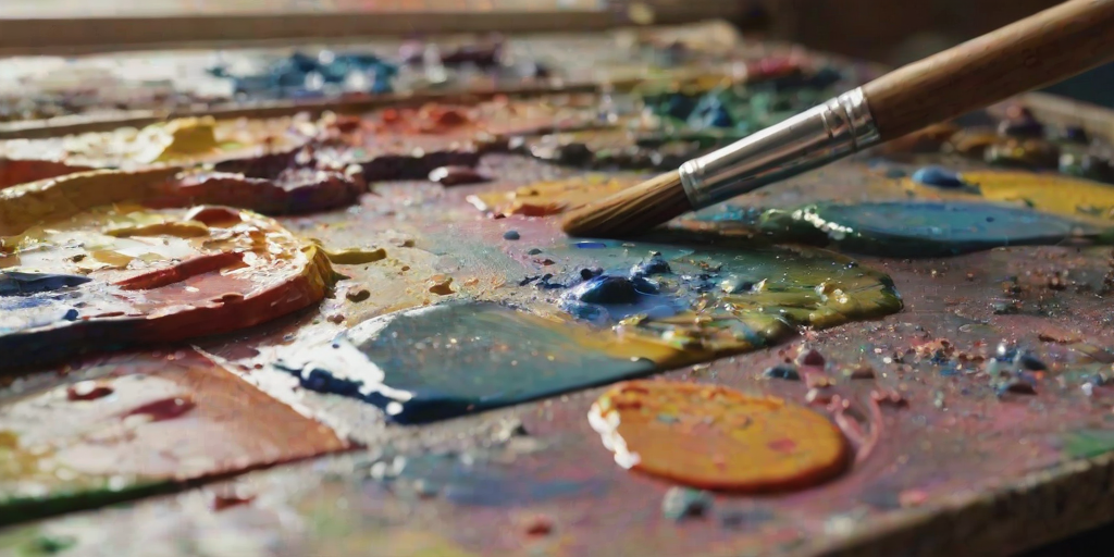 Sharp, detailed image of an artist's palette, vibrant paints smeared across its surface, a brush lying beside it, soft sunlight streaming into the studio, and the smell of acrylics lingering in the air.