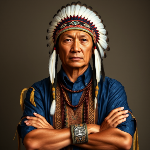 Create a dignified portrait of a Native American man dressed in traditional attire. He wears a beautifully crafted headdress adorned with white feathers and red beads, along with a beaded headband featuring intricate patterns. His clothing includes a deep blue, patterned shirt and a traditional chest piece with detailed beadwork. His arms are crossed, displaying leather armbands decorated with feathers. The background is simple and neutral, emphasizing his proud and stoic expression. The overall image captures the rich cultural heritage and strength of his persona.