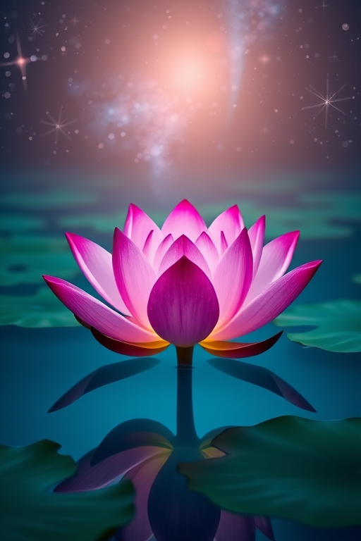 Create a vibrant cosmic lotus flower in a tranquil water setting with a starry background, using a DSLR camera, 50mm lens, aperture f/1.8, ISO 100, and a long exposure of 2 seconds to enhance image quality.