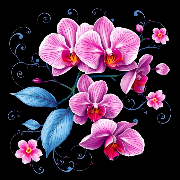 Create an intricate floral illustration featuring vibrant pink orchids, delicate blue leaves, and elegant swirls on a black background, captured with a DSLR camera at f/2.8, 50mm lens, with a soft focus effect for depth and richness in color.