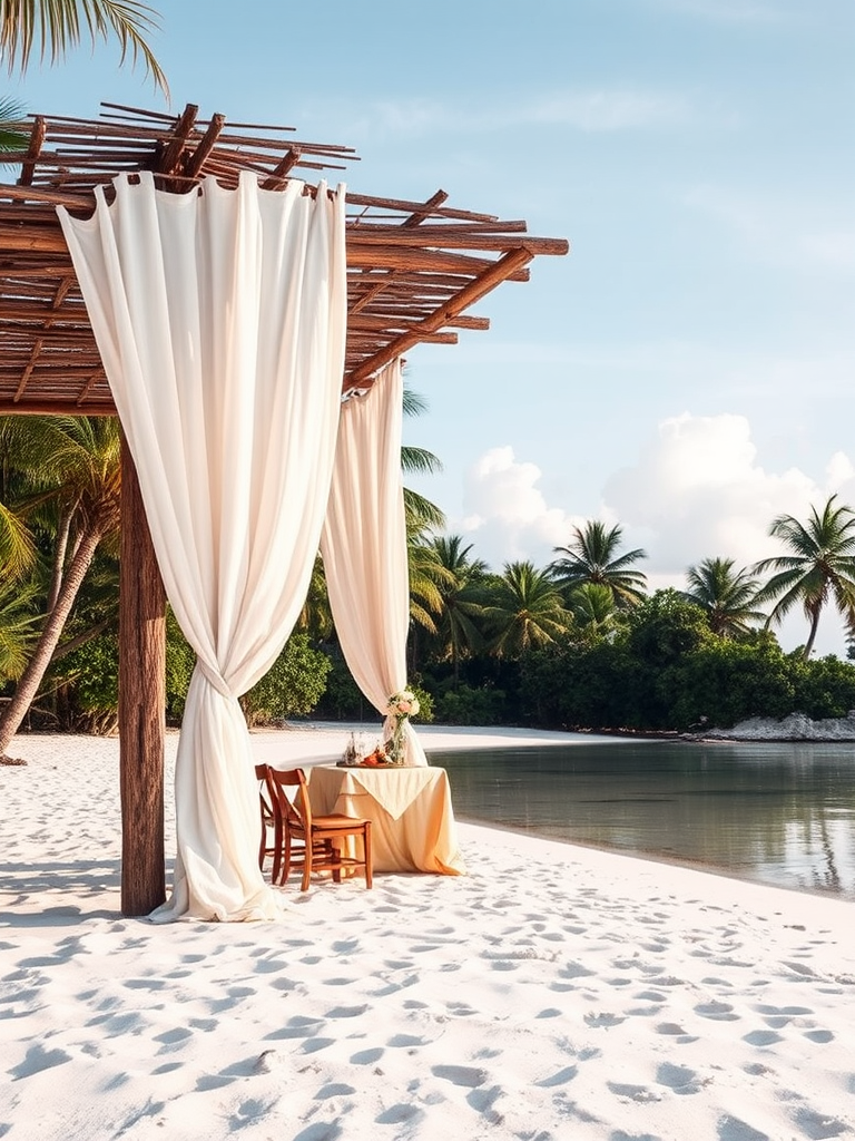 Create a picturesque tropical beach scene featuring a serene, white sandy shore. In the foreground, there's a rustic wooden canopy with white drapes gently flowing in the breeze. Underneath the canopy, a table is set with tropical decor, evoking a sense of relaxation and leisure. The beach extends into a calm, shallow water area with reflections of the sky and surroundings. Palm trees and lush greenery line the edge of the beach, providing a natural, tropical backdrop. The sky is clear with a few scattered clouds, and the overall atmosphere is tranquil and inviting, perfect for a peaceful retreat.