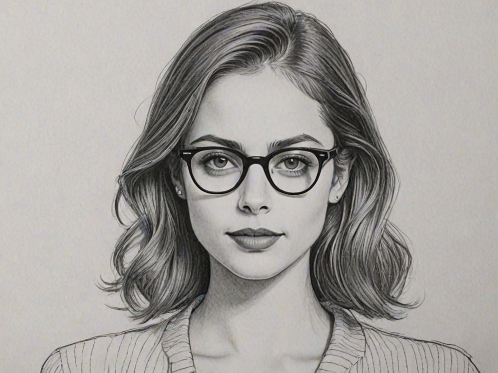 Charming Willa Holland, pencil sketch, portrait of Magnificent woman 1949s in glasses, hair style beatnik, outline, clear lines, fine lines, 8k