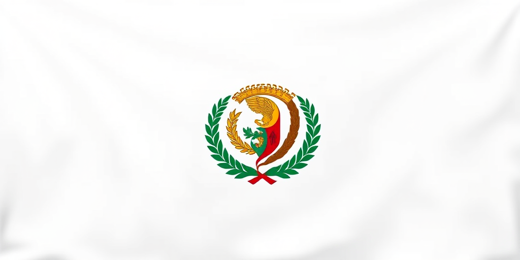Generate an image of the Guatemalan flag and coat of arms on a white background, create a high-resolution digital illustration using a DSLR camera at f/8 aperture, 1/125 shutter speed, ISO 100, with a frontal view and vibrant colors.